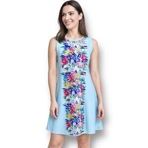 Cynthia Rowley Size Large Blue Floral Scuba Mini Dress Pockets Artsy Boho Resor